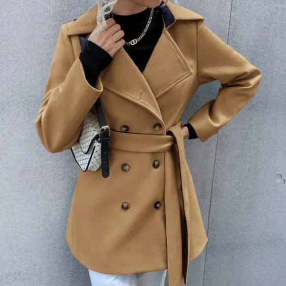 Business Classic Double Breasted Lapel Neck Belted - Picture 1 of 6